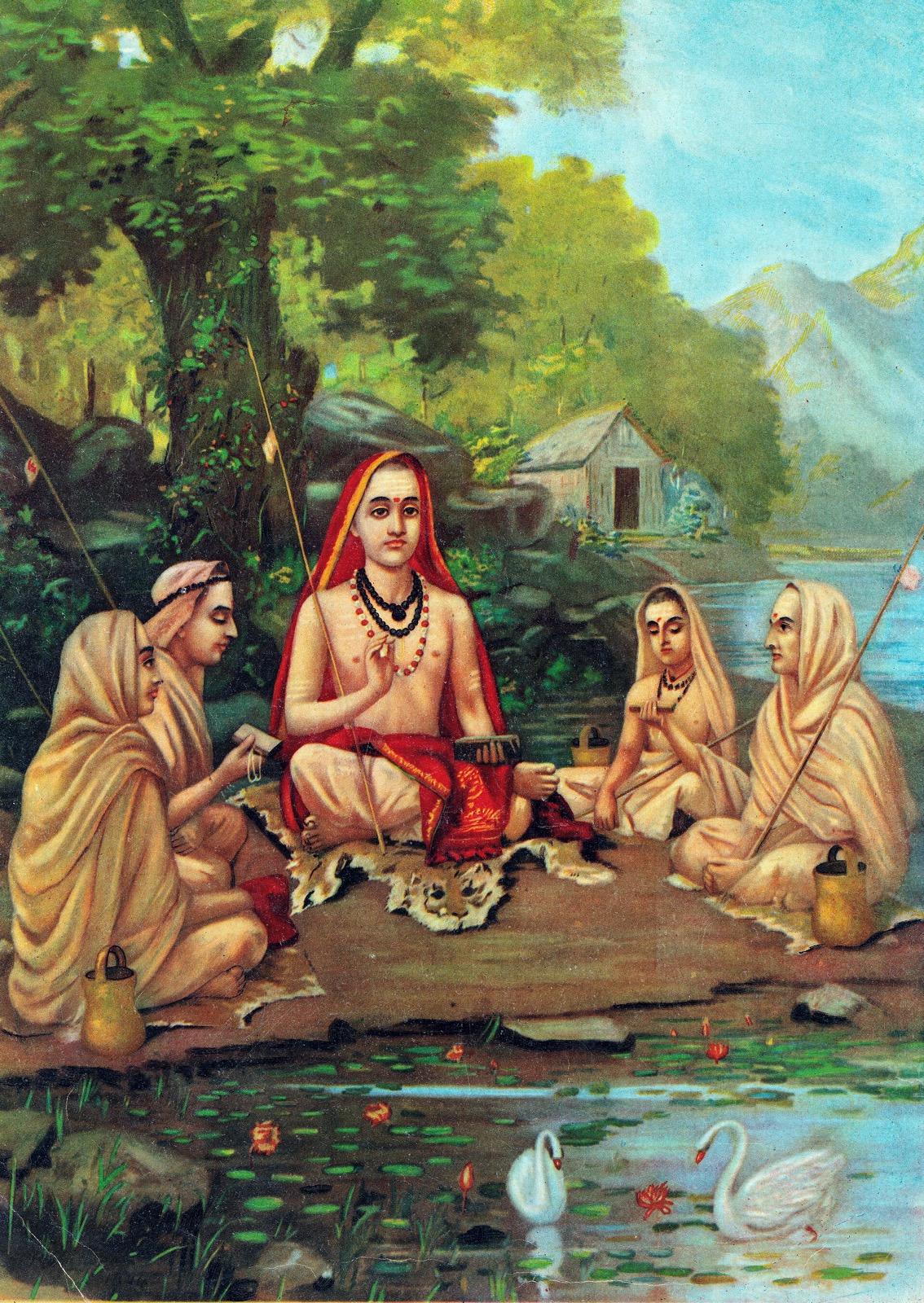 Later painting of Adi Shankara with disciples, by Raja Ravi Varma