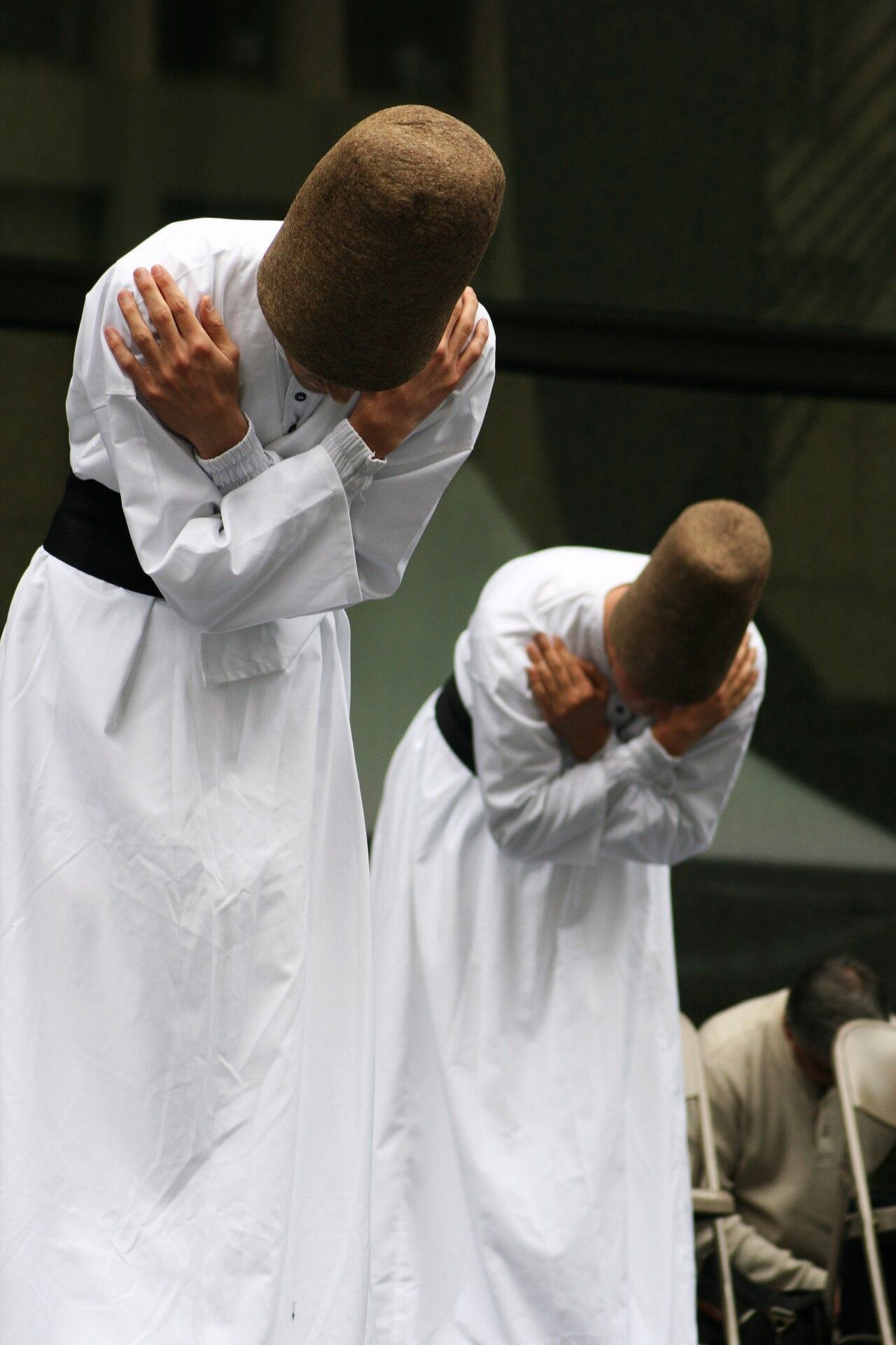 Mevlevi dervishes bowing together during a Sema ceremony