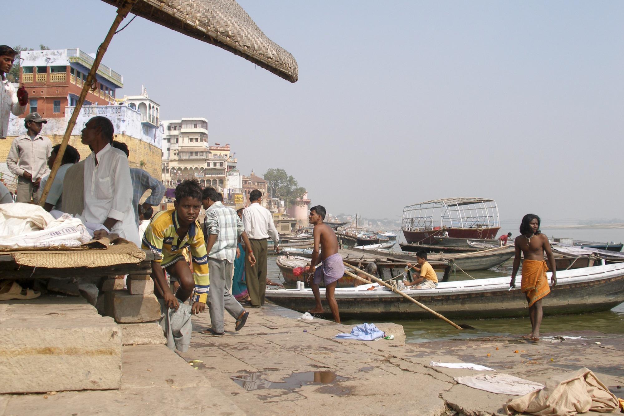 Pilgrims at the ghats on the Ganges in Varanasi